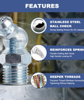 Grease zerk fitting with threaded base and stainless steel ball check