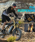 Rider on Beast 1500W Fat Tire Electric Bike For Adults With 48V 15.6Ah Removable Battery, rugged terrain, suspension detail