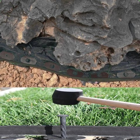 Installing 40 Ft Garden Landscape Edging Kit With 40 Spikes Black 2 Inch Tall Paver Edging beside stone and soil.
