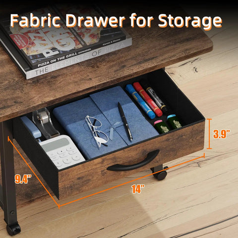 Large Printer Stand With Storage Drawer And Two Tier Under Desk Table drawer detail with magazines and stationery on top.
