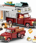 Two In One Camper Van And Farm Pickup Truck Building Set For Adults With 2188 Pieces Retro RV Style Construction Toy Kit For Collectors Build It Yourself Deluxe Epic Off Road Play And Creative Display showing red vehicle transforming from van to truck.