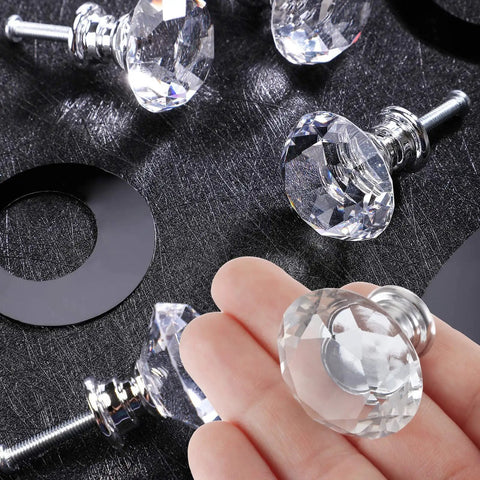 Sparkling Crystal Diamond Glass Cabinet Knob Set 30mm 1.18 Inch Clear Crystal Pulls With Three Size Screws For Dresser Cabinet Closet Doors Upgrade For Your Home Decor, clear glass knob in hand