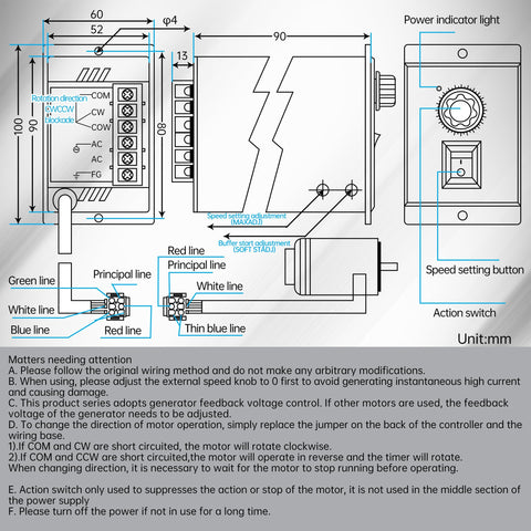 Technical diagram of Powerhouse 120W Adjustable Gear Reducer Motor 110V Single Phase CW CCW Geared Motor With Speed Controller