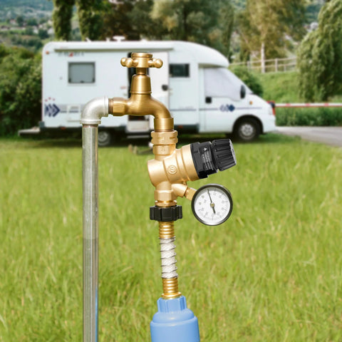 Front view of brass lead-free RV water pressure regulator valve with gauge and inlet filter.