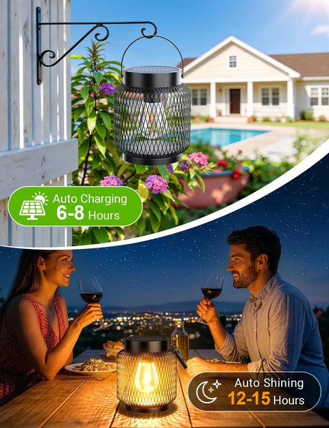 Metal Outdoor Solar Lanterns 2 Pack Waterproof Hanging Lights for yard with glowing lantern and couple dining at night