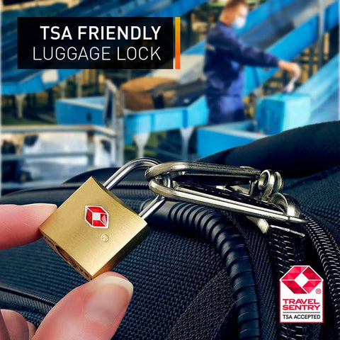 Person holding Mini Brass Square TSA Travel Lock for Luggage and Carry On, Durable Padlock Set for Suitcases.