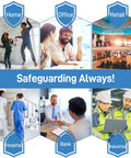 Collage of various environments including home, office, retail, hospital, bank, and industrial labeled 'Safeguarding Always!'