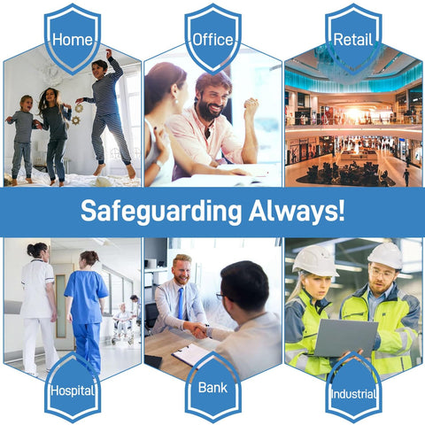 Collage of various environments including home, office, retail, hospital, bank, and industrial labeled 'Safeguarding Always!'