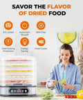 Heavy Duty 5 Tier Food Dehydrator Machine With 48 Hour Delay Timer And Easy Spin Dials for slicing fruits and veggies.