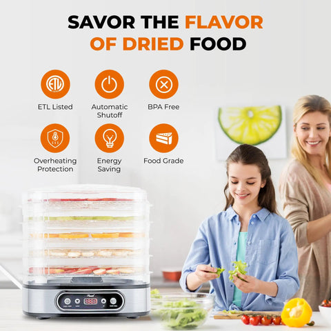 Heavy Duty 5 Tier Food Dehydrator Machine With 48 Hour Delay Timer And Easy Spin Dials for slicing fruits and veggies.