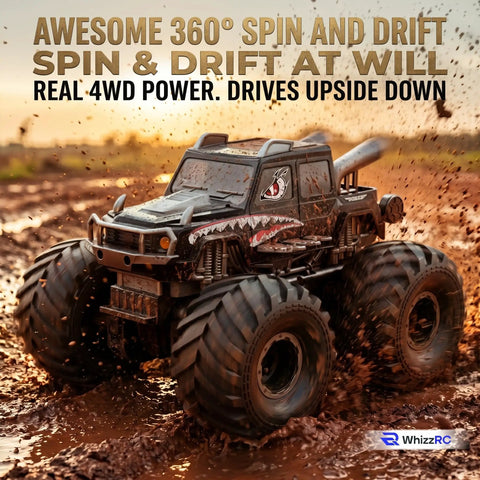 Amphibious Remote Control Car With All Terrain Four Wheel Drive Monster RC Truck Waterproof Vehicle on muddy terrain at sunset
