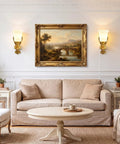 Plug in Wall Sconce, Dimmable Vintage Gold Wall Lamp 0%-100% Brightness mounted beside a vintage painting in a cozy living room.