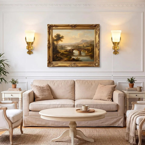 Plug in Wall Sconce, Dimmable Vintage Gold Wall Lamp 0%-100% Brightness mounted beside a vintage painting in a cozy living room.