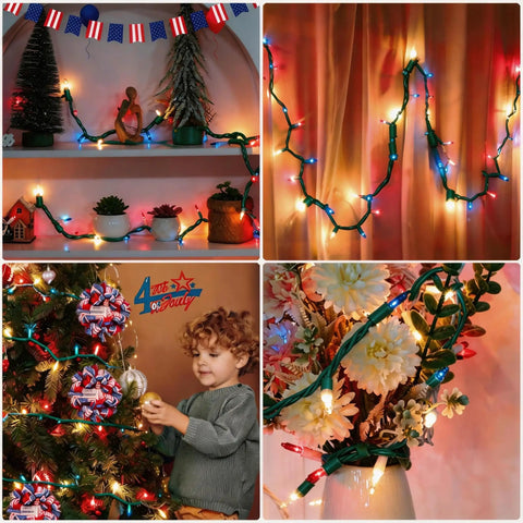 Collage showing Red White Blue LED String Lights with clear bulbs on green wire for Independence Day 100 count 21 feet long.