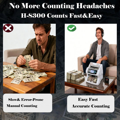 Comparison of manual versus machine counting with Fast Money Counter With UV MG IR Detection And LCD Display, Value Count, Add, And Batch Modes, Banknote Counter That Reaches 1500 Bills Per Minute, Precise Cash Handling And Counterfeit Verification For Busy Shops