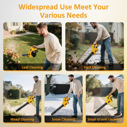 Man using Cordless Leaf Blower With 2 4.0Ah Batteries And Fast Charger, 580 CFM 180 MPH Beast Electric Handheld Blower in yard cleaning