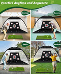 10x7ft Golf Practice Net with Dual Turf Hitting Mat for backyard, garage, and indoor use, featuring multi-target pockets