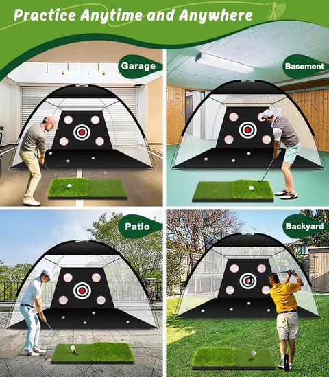 10x7ft Golf Practice Net with Dual Turf Hitting Mat for backyard, garage, and indoor use, featuring multi-target pockets