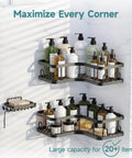 Adhesive Corner Shower Caddy 3-Pack With Soap Holder And Hooks, Space-Saving, No Drill Bathroom Shelves, Rustproof Waterproof Organizer For Small Bathrooms, Kitchen And Rental Friendly, Black installed in a shower corner with toiletries.