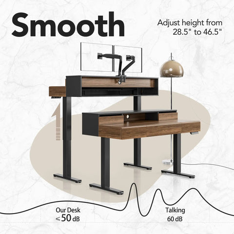 48 Inch Standing Desk With Drawers And Monitor Shelf Electric Height Adjustable Sit Stand Desk With Storage Whole Piece Board Black Walnut Finish Sturdy Steel Frame For Home Office in height transition