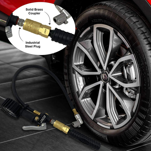 JACO 12-piece 1/4-inch NPT air hose quick-connect fittings kit with brass couplers and steel plugs, attached to an air hose near a car wheel