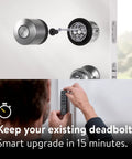 Slick Smart Deadbolt Lock With Keyless Entry, No Sweat App Control, Auto Lock, Fingerprint And Passcode Access, Alexa And Google Compatible, Straight Up Quick Install No Drilling close-up showing installation process with smart keypad.