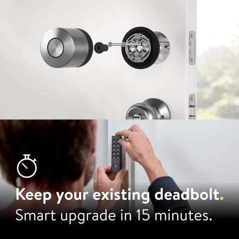 Slick Smart Deadbolt Lock With Keyless Entry, No Sweat App Control, Auto Lock, Fingerprint And Passcode Access, Alexa And Google Compatible, Straight Up Quick Install No Drilling close-up showing installation process with smart keypad.