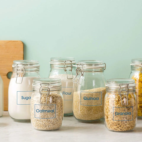Customizable Two By Three Inch Rectangle Labels Glossy Crystal Clear Finish on pantry jars for organized storage