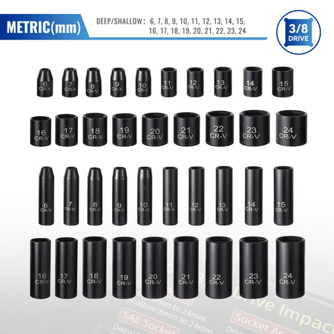 64 Piece Three Eighths Inch Drive Socket Set With SAE Five Sixteenths To One Inch And Metric Six Millimeter To Twenty Four Millimeter Sockets