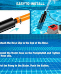 Step-by-step installation guide for Built Tough Portable Submersible Water Pump with hose connection and water outlet.