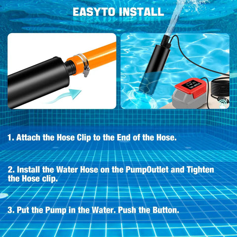 Step-by-step installation guide for Built Tough Portable Submersible Water Pump with hose connection and water outlet.