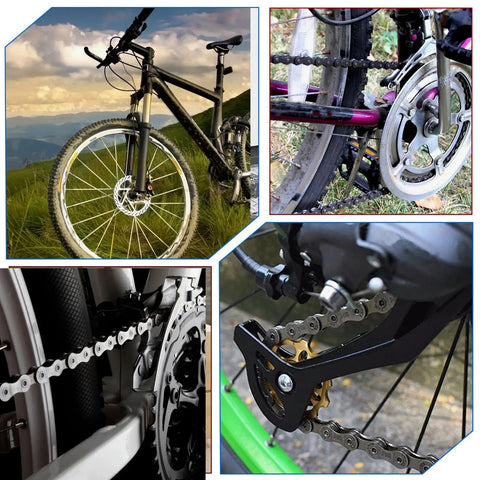 Composite image of bicycles and chains, showcasing uses for 80H Heavy Duty Roller Chain 10 Ft Long With 1 Connecting Link, Carbon Steel, 120 Links