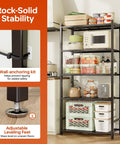 Multi Tier Metal Storage Shelves With Heavy Duty 120 Lbs Per Shelf Leveling Feet Tough As Nails Garage Kitchen Pantry Closet Organizer 24 X 11.8 X 48 Inches Black Built To Last with wall-anchoring kit and adjustable leveling feet shown in kitchen setting