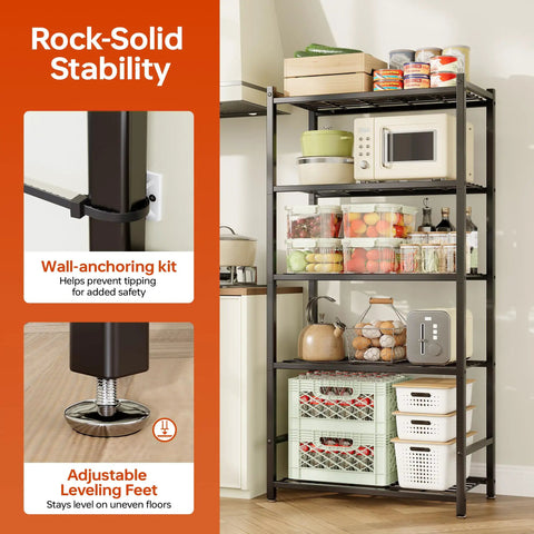 Multi Tier Metal Storage Shelves With Heavy Duty 120 Lbs Per Shelf Leveling Feet Tough As Nails Garage Kitchen Pantry Closet Organizer 24 X 11.8 X 48 Inches Black Built To Last with wall-anchoring kit and adjustable leveling feet shown in kitchen setting
