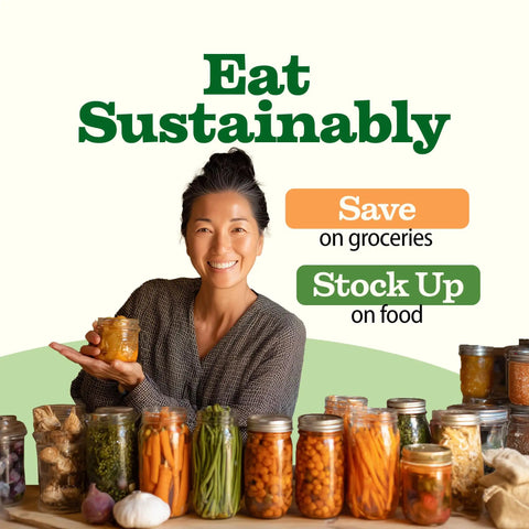 Person holding jar surrounded by various preserved vegetables promoting sustainable eating and food stocking.