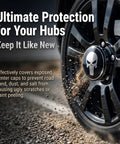 Four Pcs Metal Fanged Skull Wheel Center Hub Caps Scratch Resistant Self Adhesive Protective Rim Covers Badass Street Style Head Turners For Daily Driver Rides in action on a black wheel, preventing dirt and scratches.