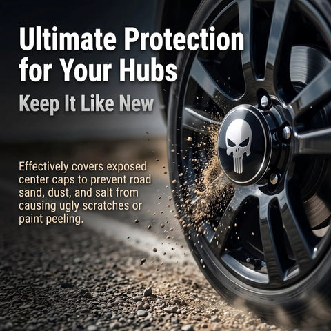 Four Pcs Metal Fanged Skull Wheel Center Hub Caps Scratch Resistant Self Adhesive Protective Rim Covers Badass Street Style Head Turners For Daily Driver Rides in action on a black wheel, preventing dirt and scratches.