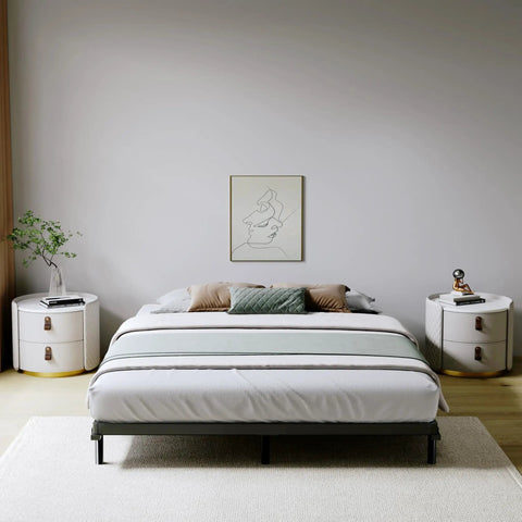 Queen Size 2 Inch Low Profile Bunkie Board With Reinforced Steel Slats And Durable Fabric Cover For Memory Foam Or Innerspring Mattresses Hella Sturdy No Fuss Setup Bedroom Glow Up in modern bedroom setting with stylish decor.