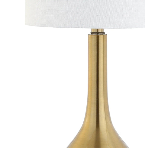 Brass Gold Crystal Teardrop Table Lamp With White Linen Drum Shade, 25 Inches Tall, LED Bulb Included, polished brass base detail