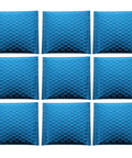 Nine Blue Aluminum Film Bubble Mailers 50 Count, Built Tough Padded Envelopes With Self Sealing displayed in a grid pattern.