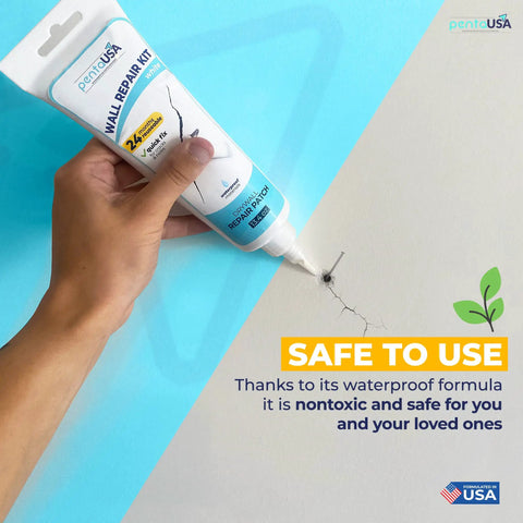 Person using Heavy Duty Drywall Repair Kit 12 Oz Tube With Scraper For Wall Holes Cracks Chips Dents Spackle Patch And Concrete Cement Crack Filler No Mess Quick Fix That Dries Invisible And Leaves A Smooth White Finish on wall crack.