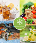Collage of iced drinks, fresh vegetables, seafood on ice, lemonade, text 'Better Cooling' highlighting refrigeration benefits