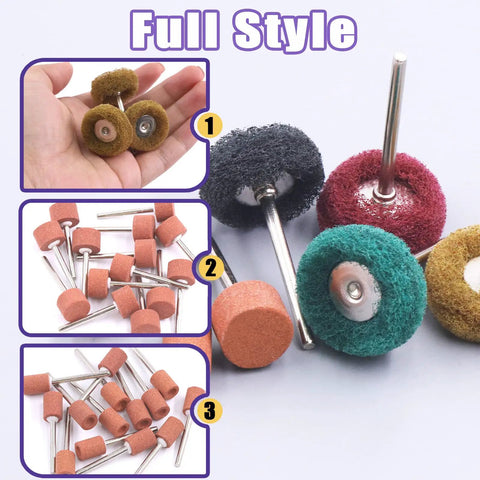 All In One 62 Piece One Eighth Inch Shank Rotary Tool Grinding Stone Set with colorful mounted points and various wheel sizes.