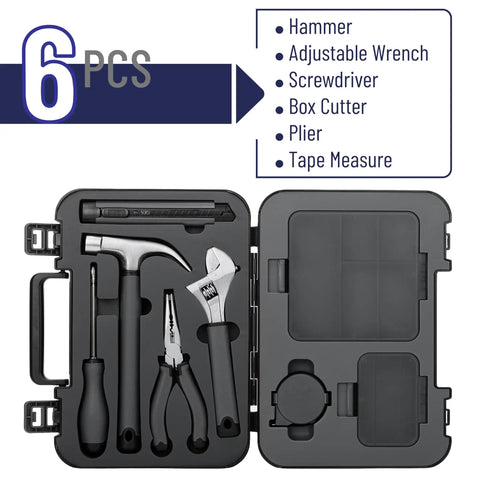 Interior view of a Compact Home Tool Kit With Hammer Essential DIY Handy Hand Tool Set For Home Repairs In A Sturdy Case Includes Screwdrivers Pliers Tape Measure And Wrenches For Quick Everyday Fixes, showing tools in a black case.