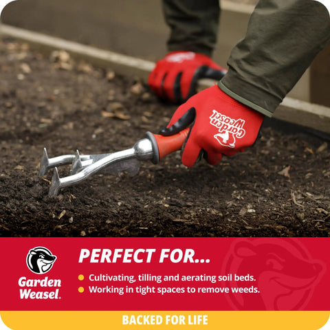 Double Sided Garden Cultivator And Tiller For Simple Soil Aeration And Tillage being used to till soil by a person wearing gloves