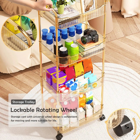 Sleek Clear Acrylic 2 Tier Rolling Utility Cart With Sturdy Handle And Smooth Lockable Wheels Compact Storage Trolley For Kitchen Bathroom Tight Spaces Easy Clutter Control Game Changer with colorful items on shelves.