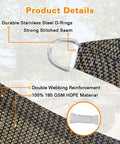 Mocha 7x9 Sun Shade Sail Keeps You Cool No Sweat showing durable steel D-rings and 185GSM HDPE material details