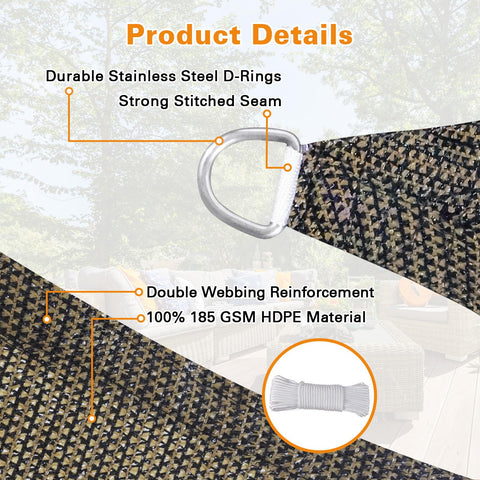 Mocha 7x9 Sun Shade Sail Keeps You Cool No Sweat showing durable steel D-rings and 185GSM HDPE material details