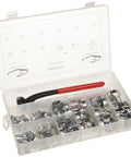 Clamp Service Kit With Zinc Plated Double Ear Clamps And Standard Jaw Clamp in plastic box, open view of contents.