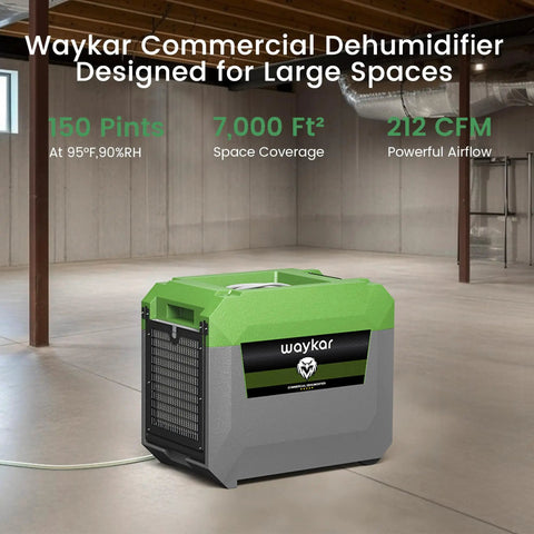 Industrial Grade 150 Pint Commercial Dehumidifier With Built In Pump And Drain Hose designed for large spaces in a basement.